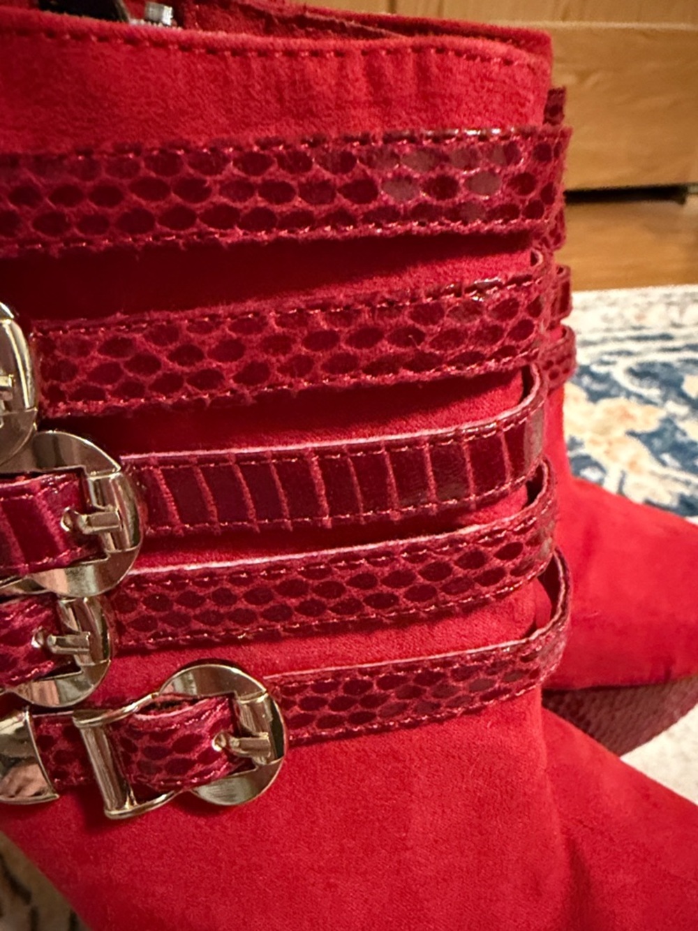 Shoe Dazzle Red Suede Platform Ankle Boots with Gold Buckles - Picture 7 of 8